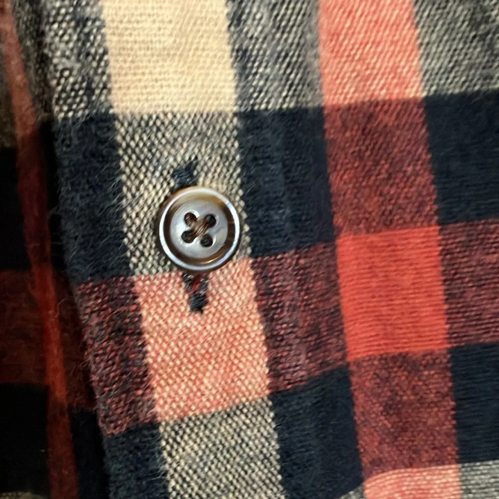 J. Crew Merchantile Flex L Rugged Suede Elbow Patch Plaid Tan Navy Rust Shirt